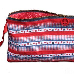 Cosmetic Bag Red White Blue Striped Ribbon Wristlet Zippered Pouch NEW with Tags